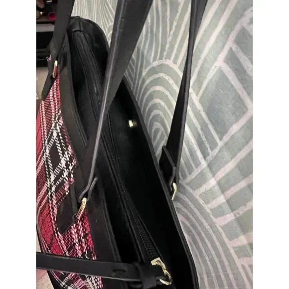 Bueno Red Plaid Tote Bag Faux leather Trim Shoulder Bag Large Zip Top - Picture 4 of 5